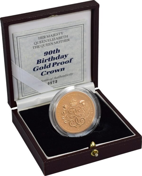 1990 Proof £5 Gold Crown Coin Queen Mother 90th Birthday Boxed