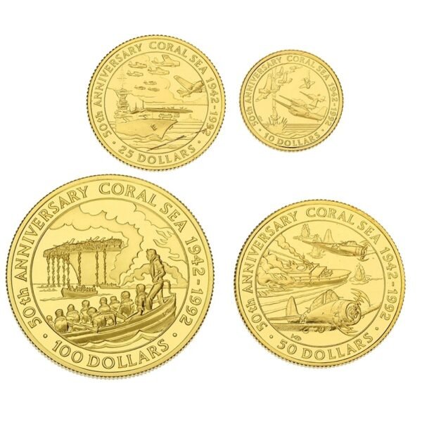 1992 Solomon Islands 50th Anniversary Battle of Coral Sea 4 Coin Gold Proof Set Boxed - Image 3