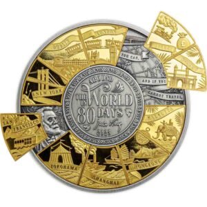2023 180 Gram Antique Djibouti Silver Around the World in 80 Days Coin (Box + CoA, Gold Plated)
