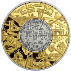 2023 180 Gram Antique Djibouti Silver Around the World in 80 Days Coin (Box + CoA, Gold Plated)