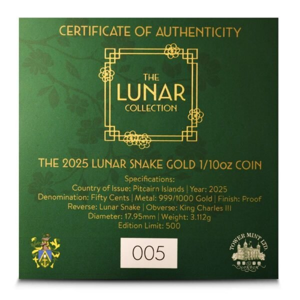 2025 1/10 oz Proof Pitcairn Islands Gold Lunar Year of the Snake Coin (Box + CoA) - Image 4