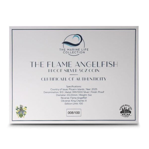 2025 5 oz Proof Colorized Pitcairn Islands Silver Flame Angelfish Coin (Box + CoA) - Image 3