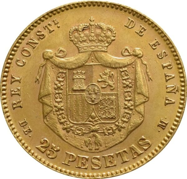 Spanish 25 Pesetas Gold Coin Alfonso XII Young Head - Image 2